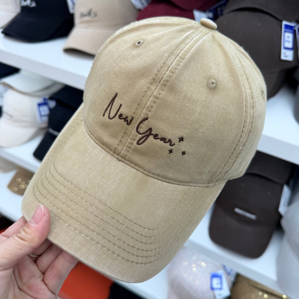 New Year+ Cursive Script Embroidered Washed Cotton Baseball Cap - Wide Brim Soft Top Dad Hat 11 Colors