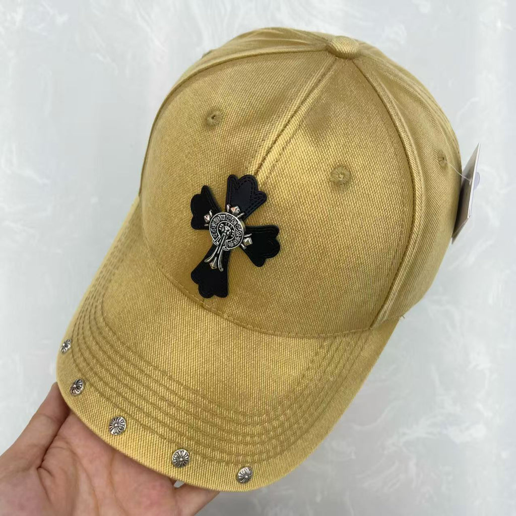 Gothic Cross Leather Patch Medallion Badge Floral Rivet Washed Cotton Baseball Cap - Dark Luxury Street Hat 6 Colors