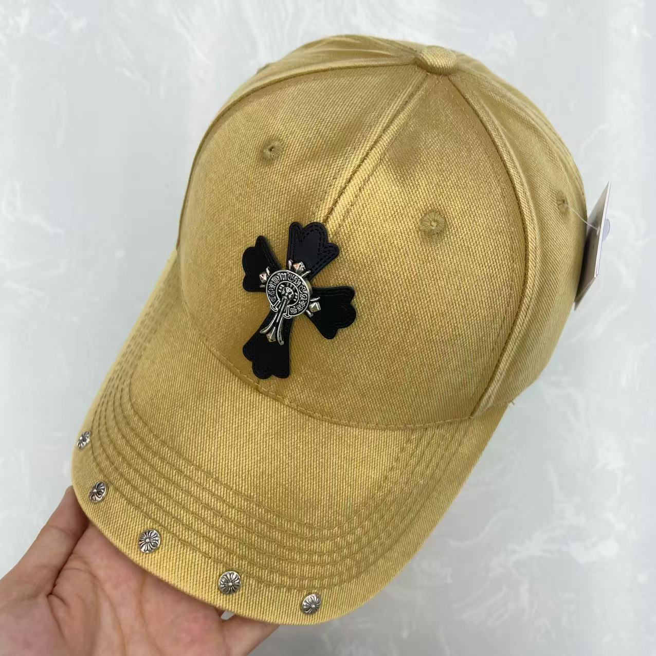 Gothic Cross Leather Patch Medallion Badge Floral Rivet Washed Cotton Baseball Cap - Dark Luxury Street Hat 6 Colors