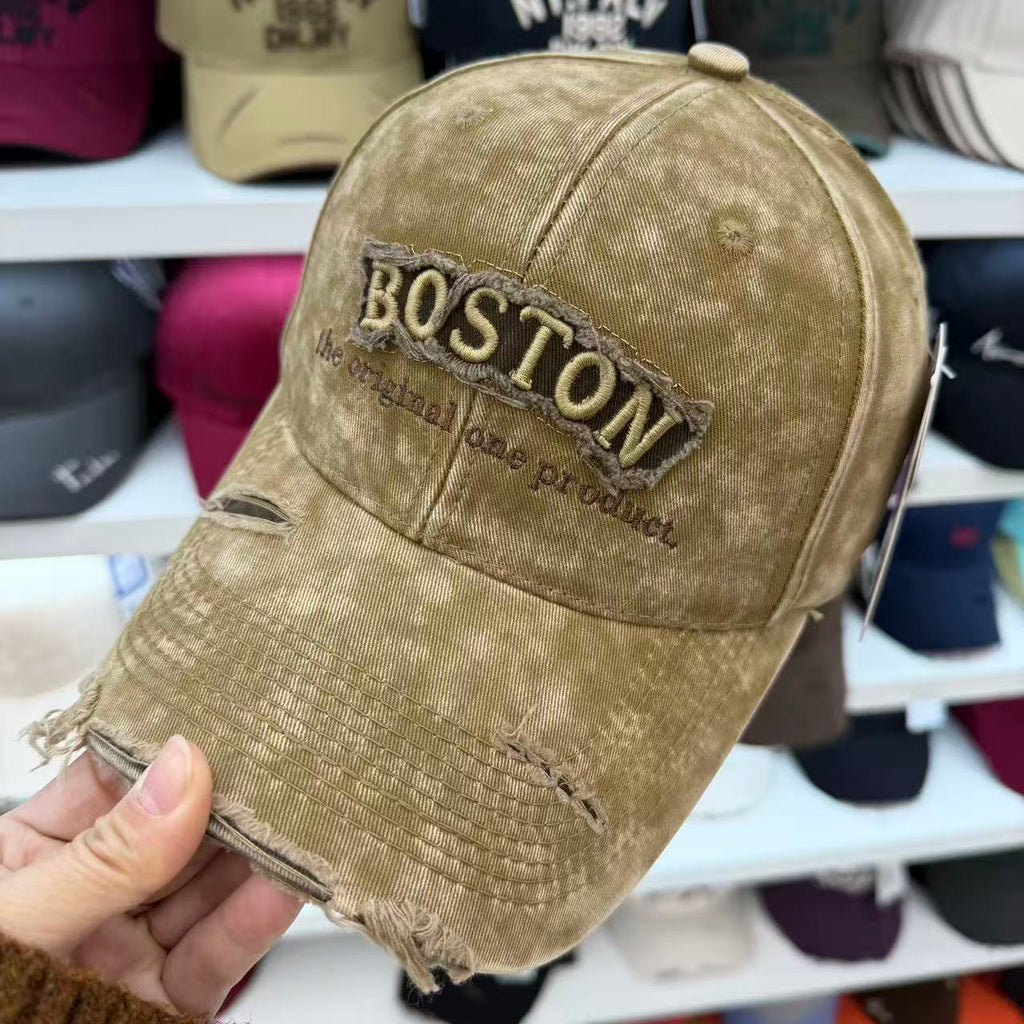 BOSTON Embroidered Washed Distressed Baseball Cap – Vintage Ripped Cotton Hat