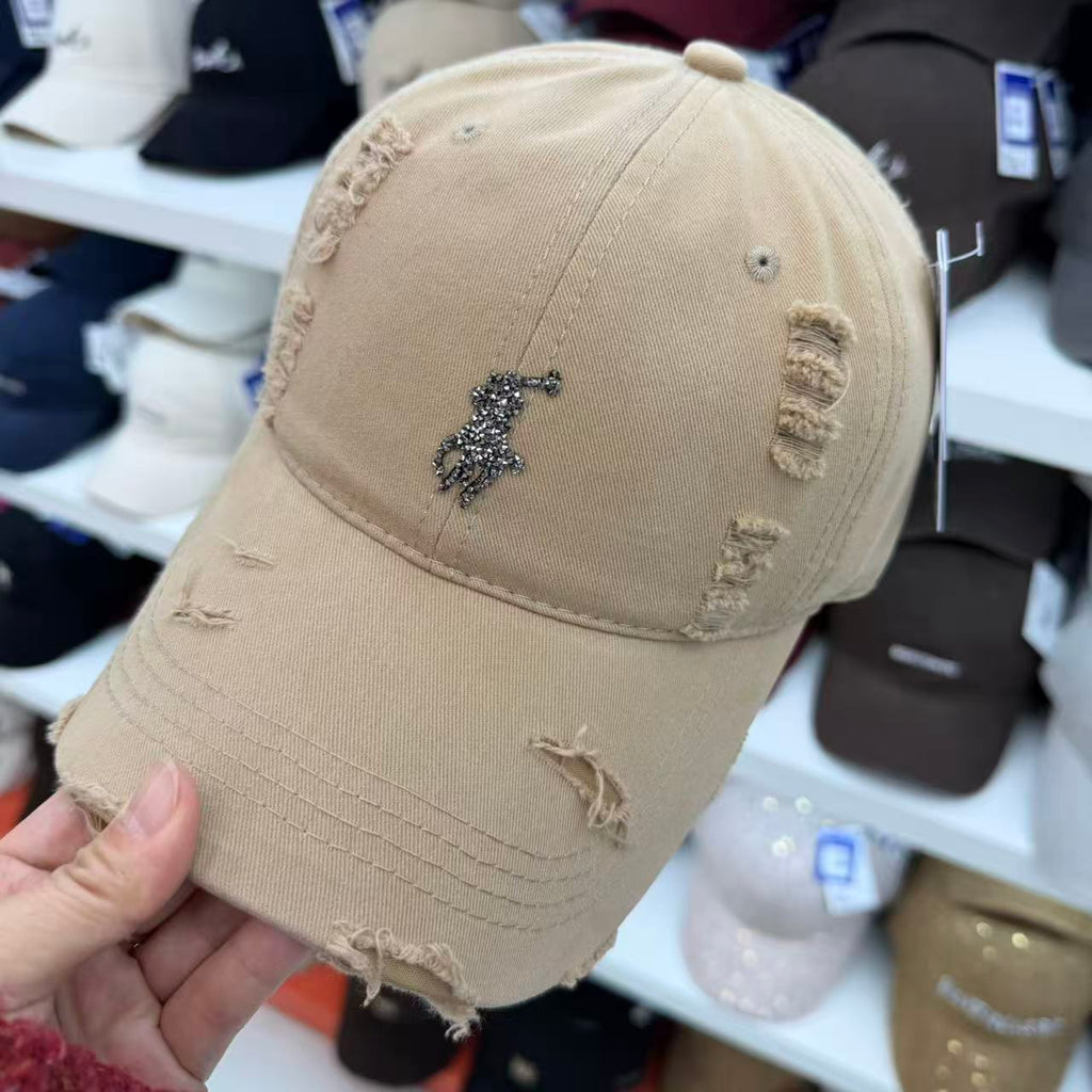 Rhinestone Equestrian Washed Distressed Baseball Cap – Vintage Ripped Cotton Hat