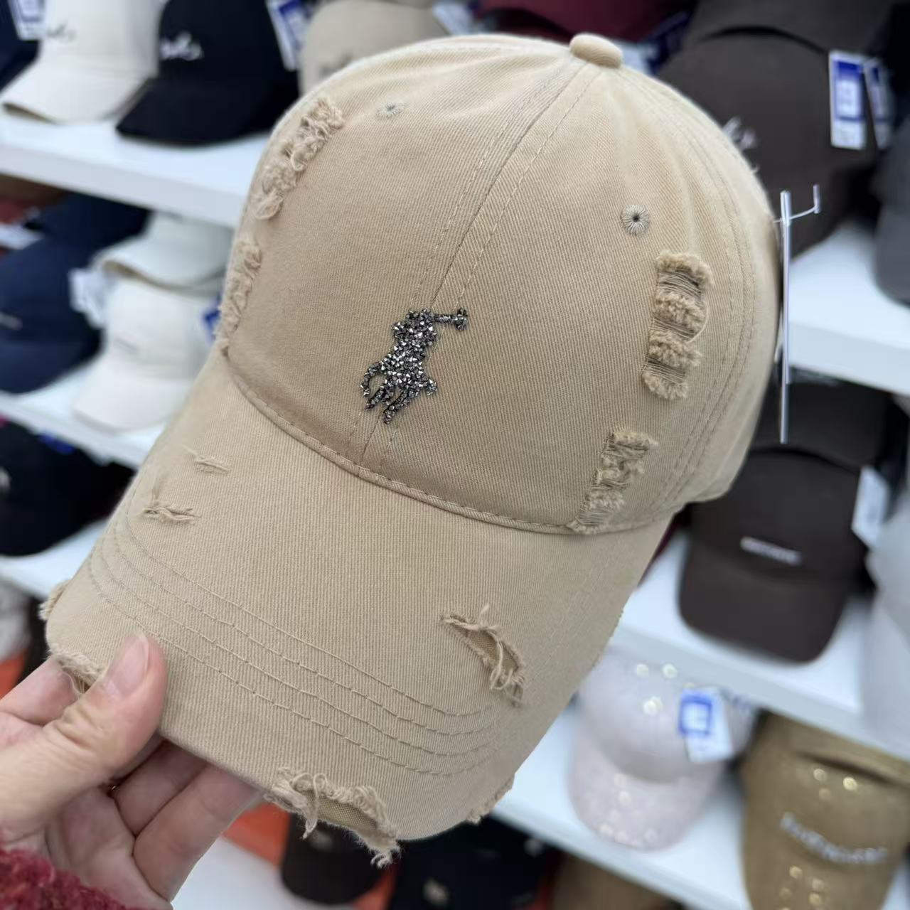 Rhinestone Equestrian Washed Distressed Baseball Cap – Vintage Ripped Cotton Hat