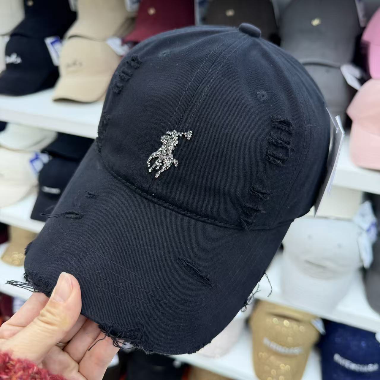 Rhinestone Equestrian Washed Distressed Baseball Cap – Vintage Ripped Cotton Hat
