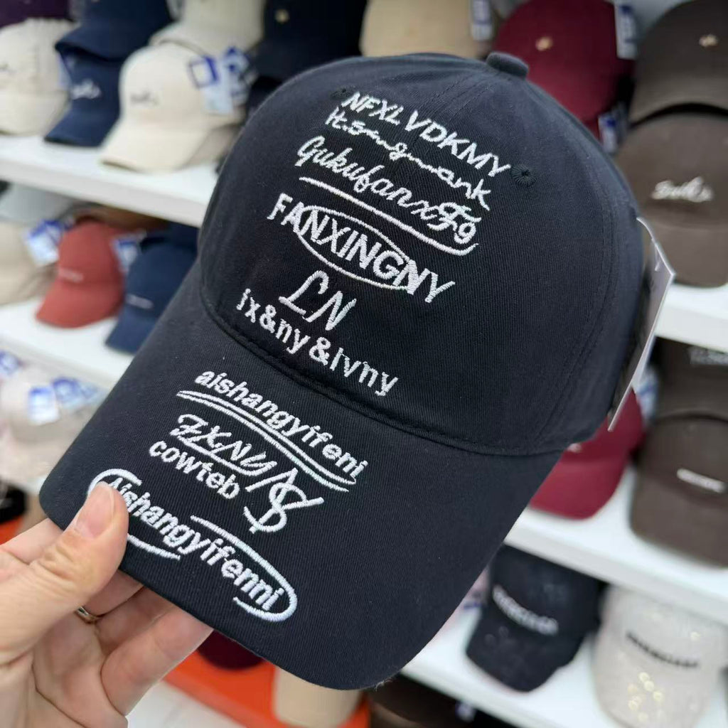 FANXINGNY Multi-Script Embroidered Soft Top Cotton Baseball Cap - All-Over Letter Print Vintage Hat