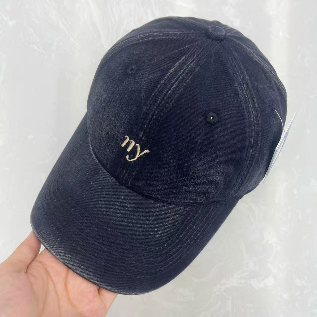 Cursive ny Script Embroidered Washed Cotton Baseball Cap - Minimalist Soft Top Vintage Hat