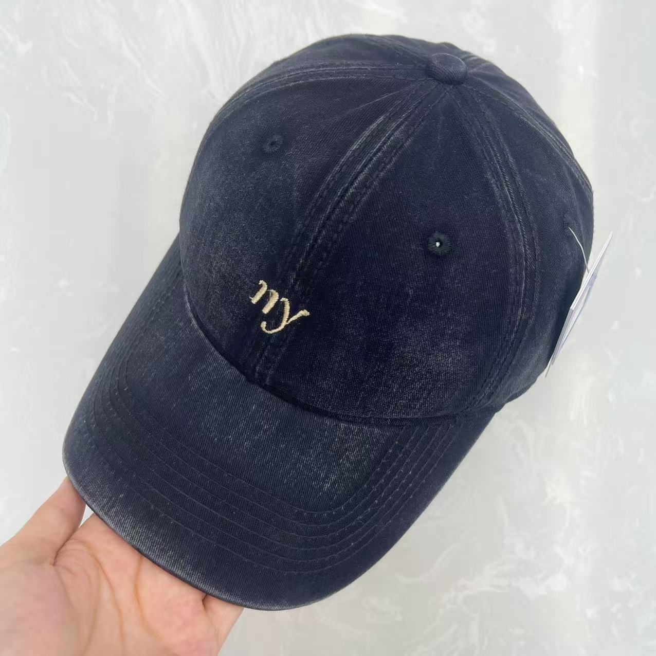 Cursive ny Script Embroidered Washed Cotton Baseball Cap - Minimalist Soft Top Vintage Hat