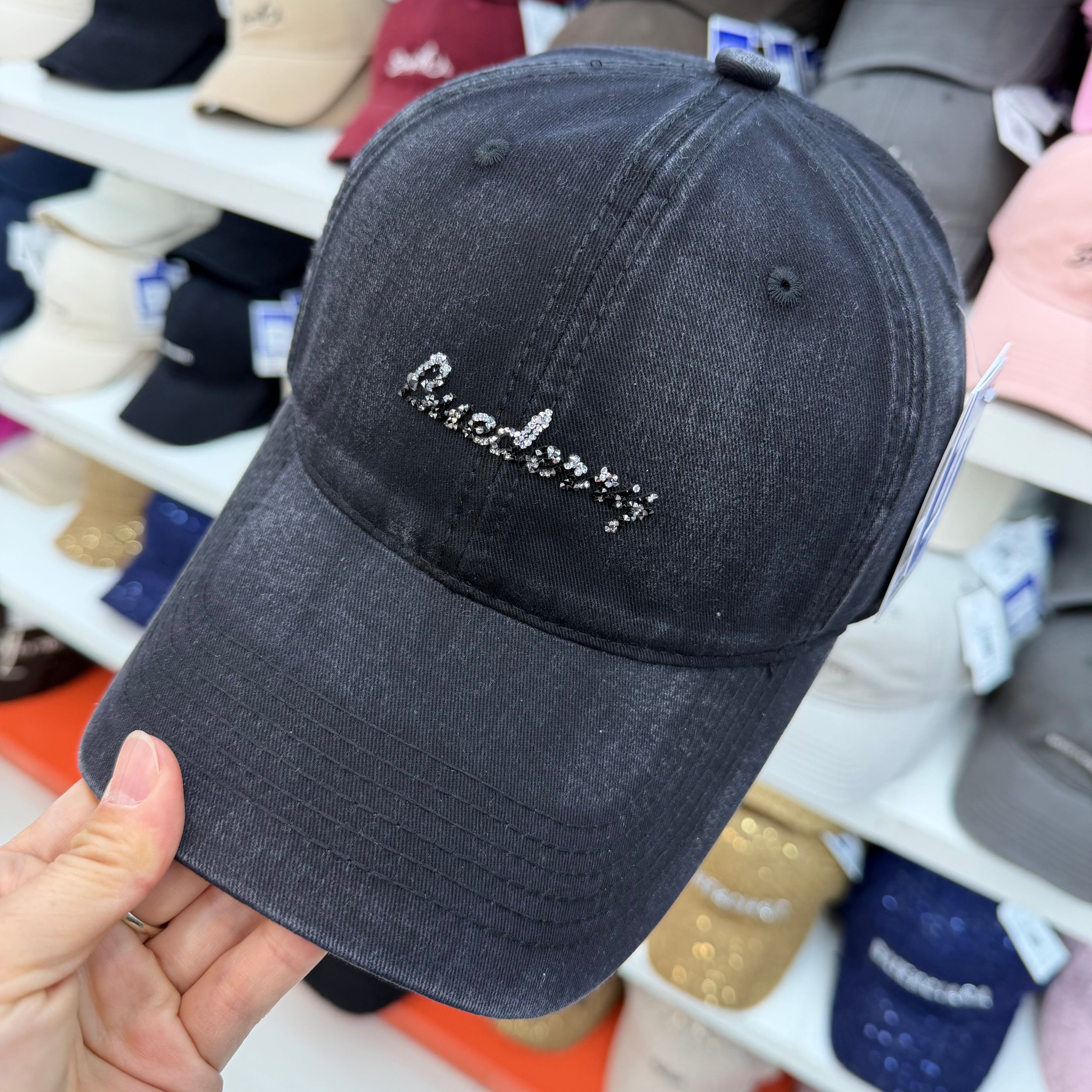 Crystal Rhinestone Cursive Script Washed Cotton Baseball Cap - Glamour Soft Top Vintage Hat 6 Colors