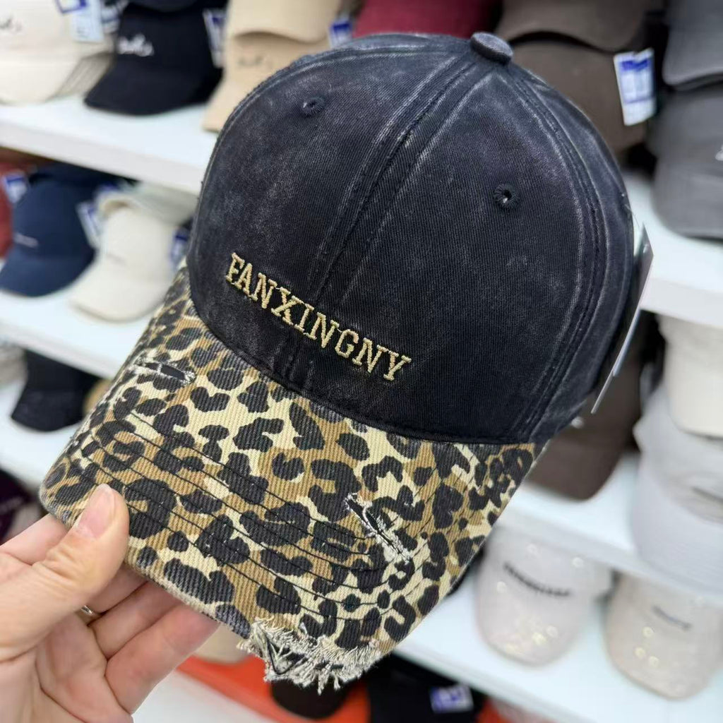 Leopard Print Washed Baseball Cap – Wide Brim Distressed Vintage Hat