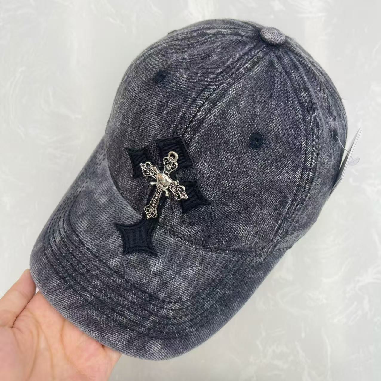Gothic Cross Metal Charm Hand-Washed Denim Baseball Cap – Wide Brim Vintage Soft Top Hat