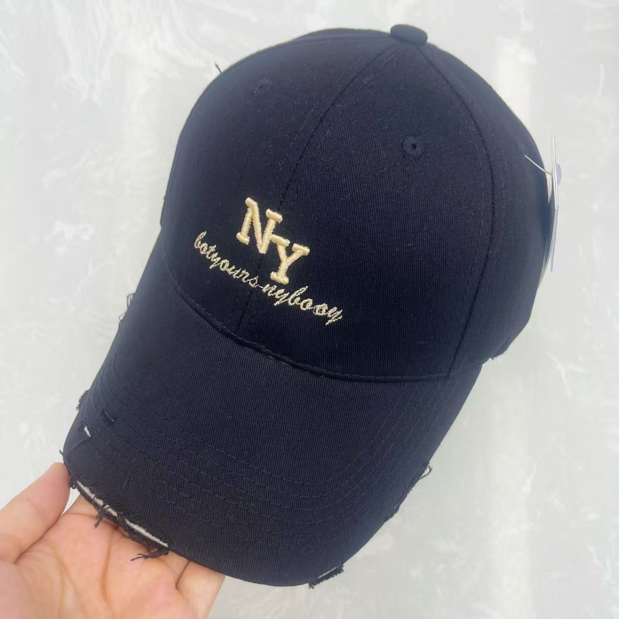 NY Botyours Nybooy Embroidered Distressed Raw Edge Cotton Baseball Cap - Vintage Street Style Hat
