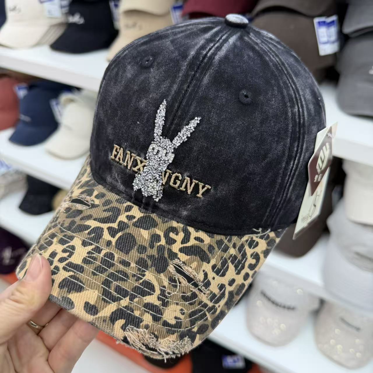Rhinestone Bunny Washed Baseball Cap – Leopard Brim Distressed Vintage Hat