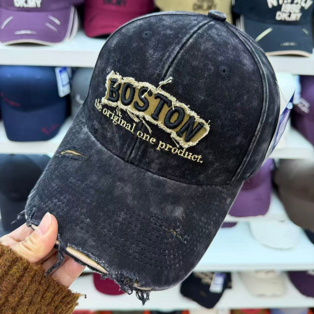 BOSTON Embroidered Washed Distressed Baseball Cap – Vintage Ripped Cotton Hat