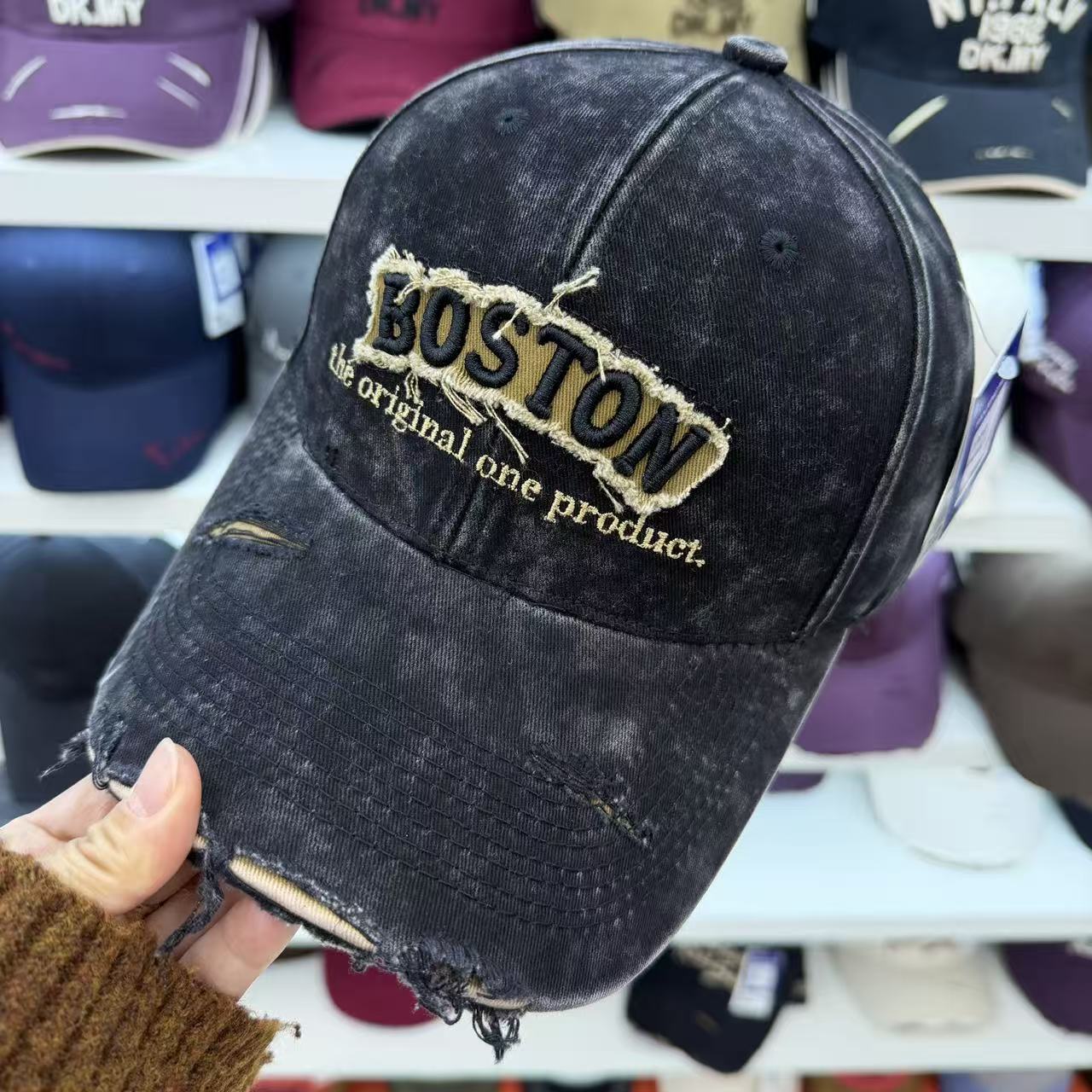 BOSTON Embroidered Washed Distressed Baseball Cap – Vintage Ripped Cotton Hat