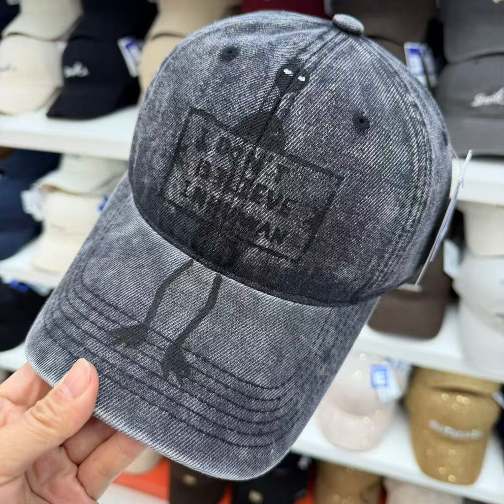 "I Don't Believe Inhuwan" Alien Embroidered Washed Denim Baseball Cap – Wide Brim Soft Top Vintage Hat