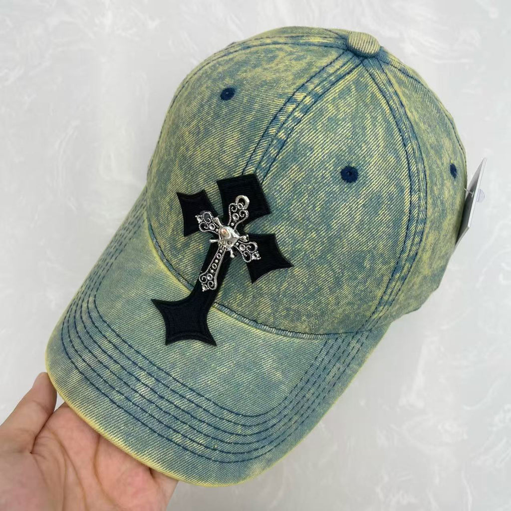 Gothic Cross Metal Charm Hand-Washed Denim Baseball Cap – Wide Brim Vintage Soft Top Hat