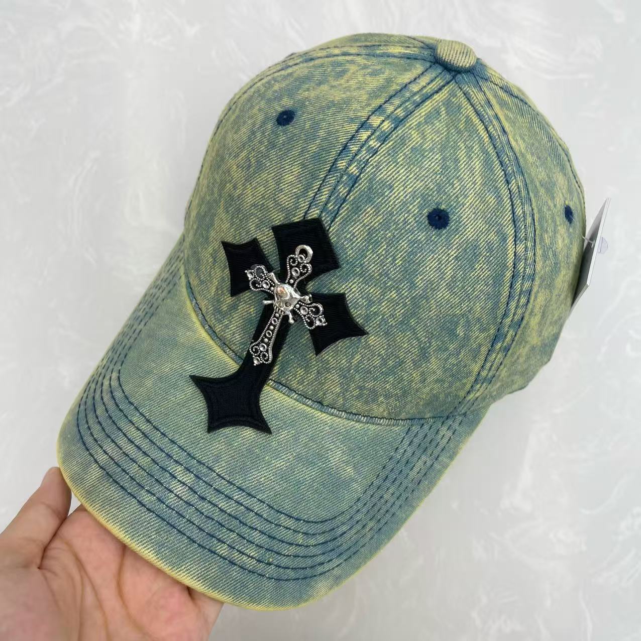 Gothic Cross Metal Charm Hand-Washed Denim Baseball Cap – Wide Brim Vintage Soft Top Hat
