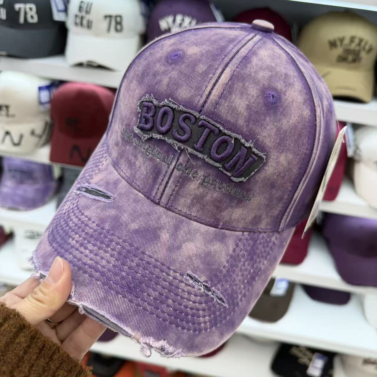 BOSTON Embroidered Washed Distressed Baseball Cap – Vintage Ripped Cotton Hat