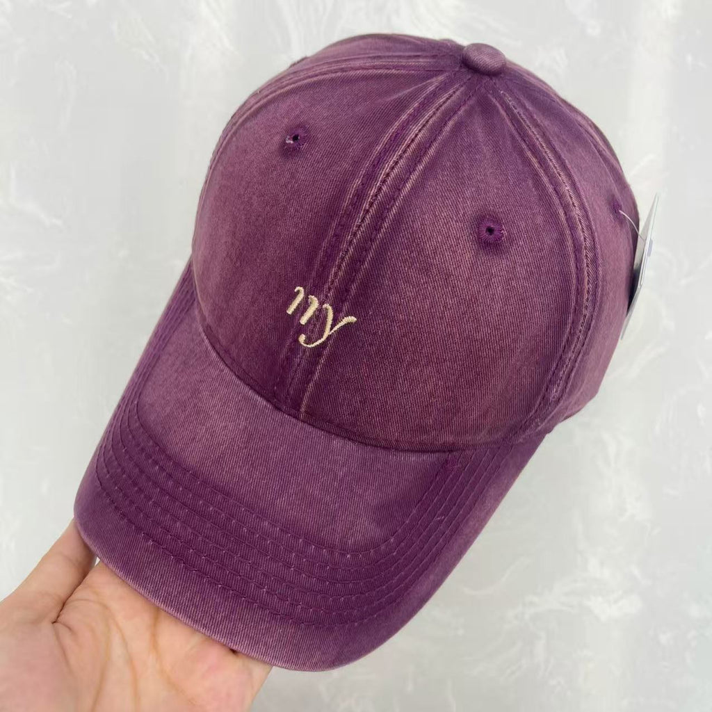 Cursive ny Script Embroidered Washed Cotton Baseball Cap - Minimalist Soft Top Vintage Hat