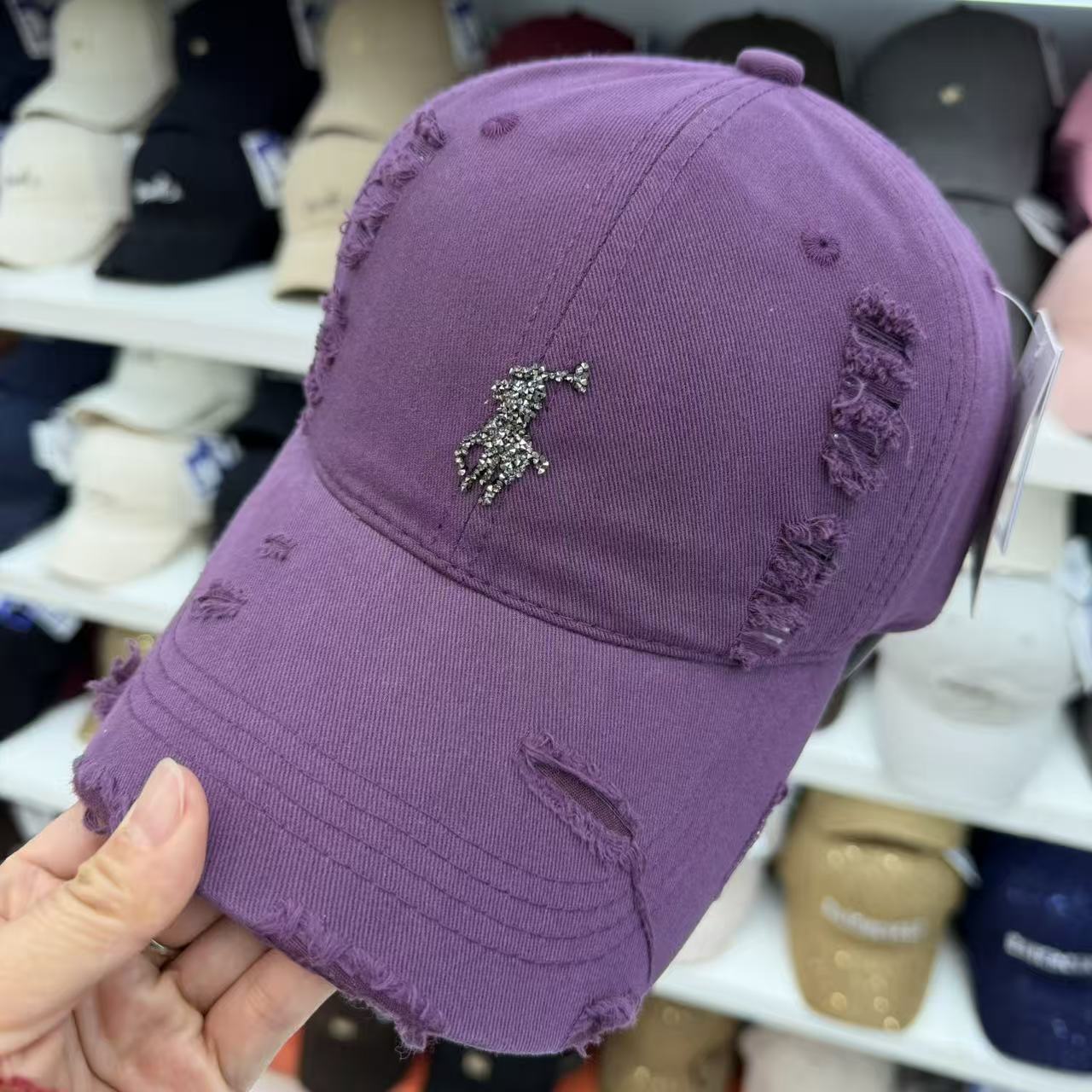 Rhinestone Equestrian Washed Distressed Baseball Cap – Vintage Ripped Cotton Hat