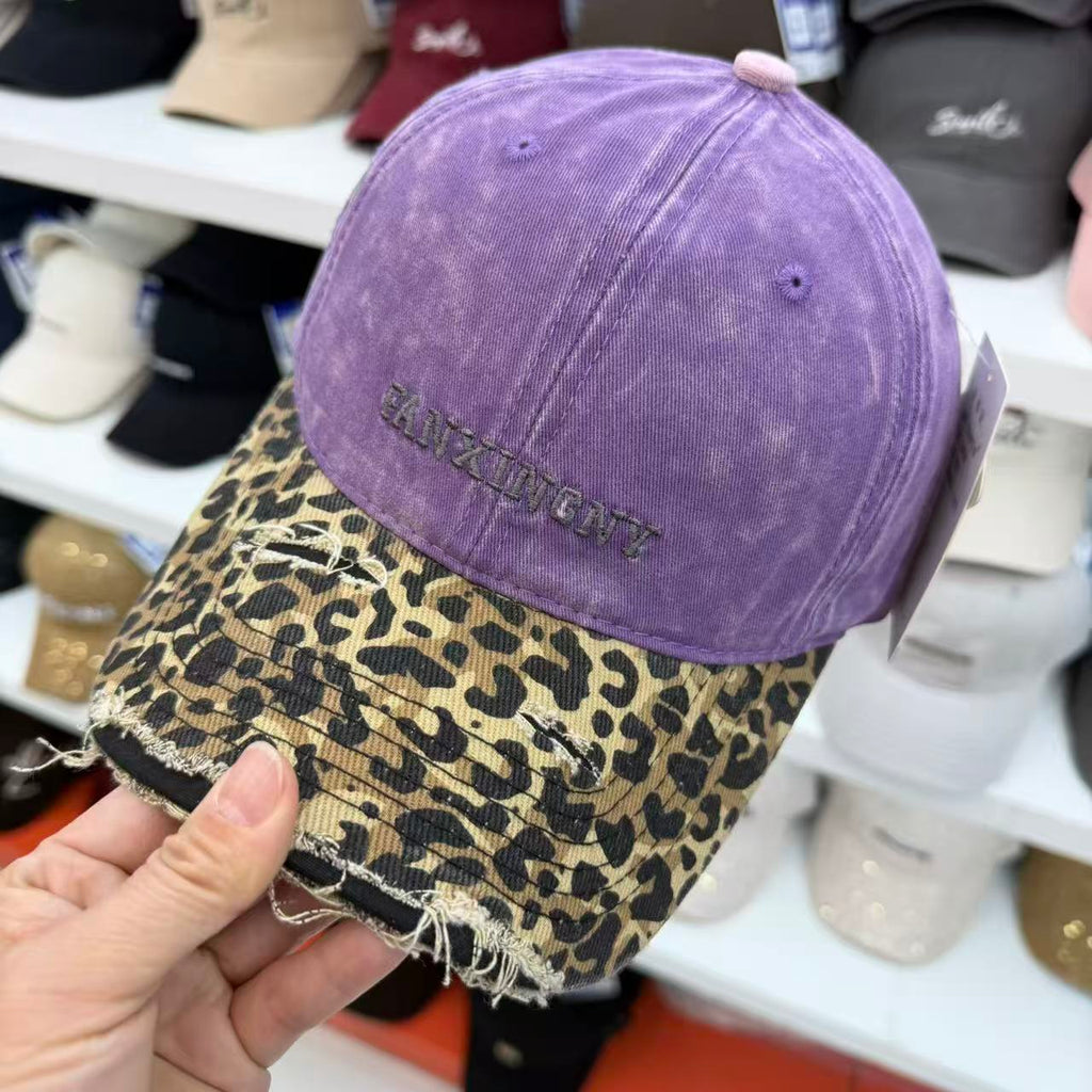 Leopard Print Washed Baseball Cap – Wide Brim Distressed Vintage Hat