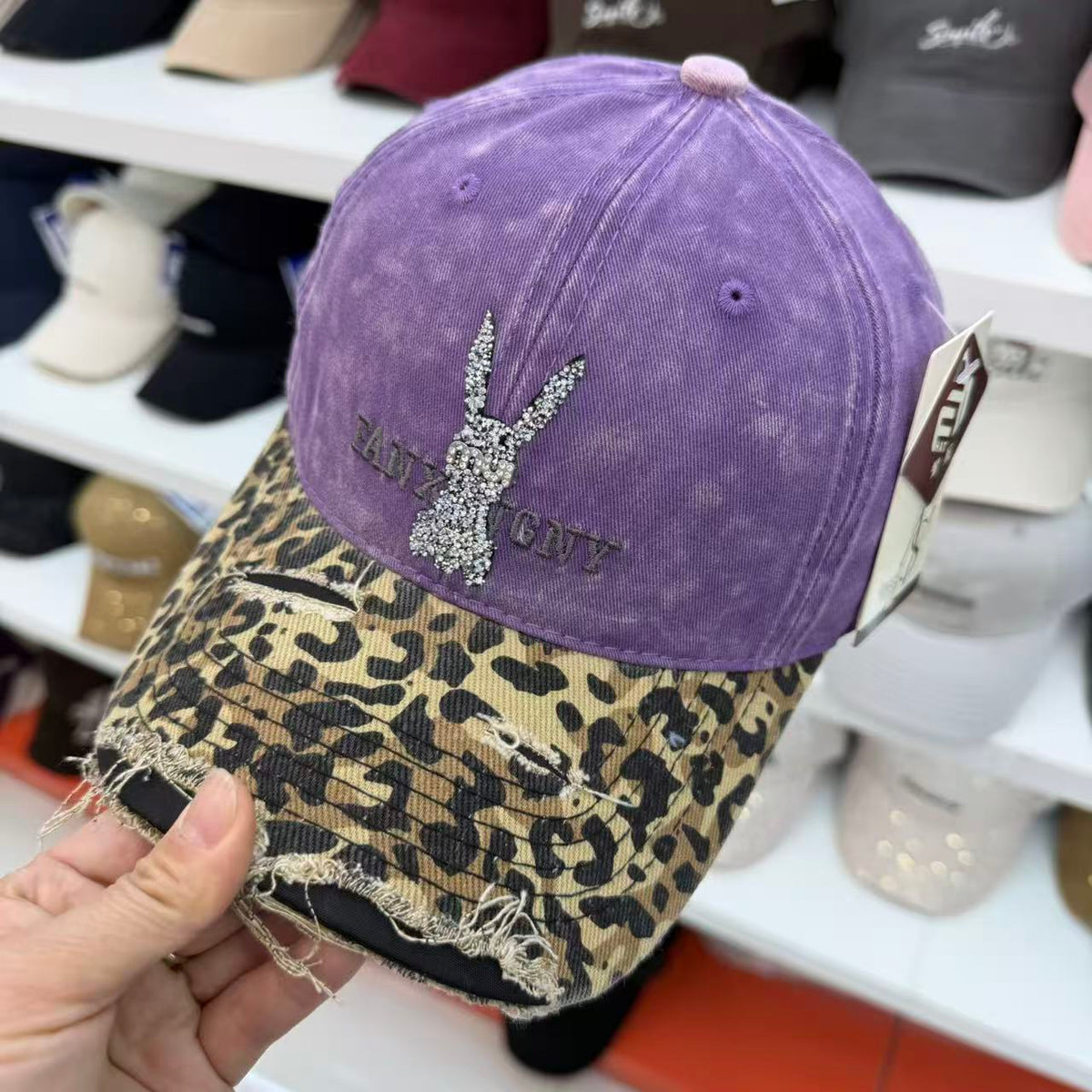 Rhinestone Bunny Washed Baseball Cap – Leopard Brim Distressed Vintage Hat