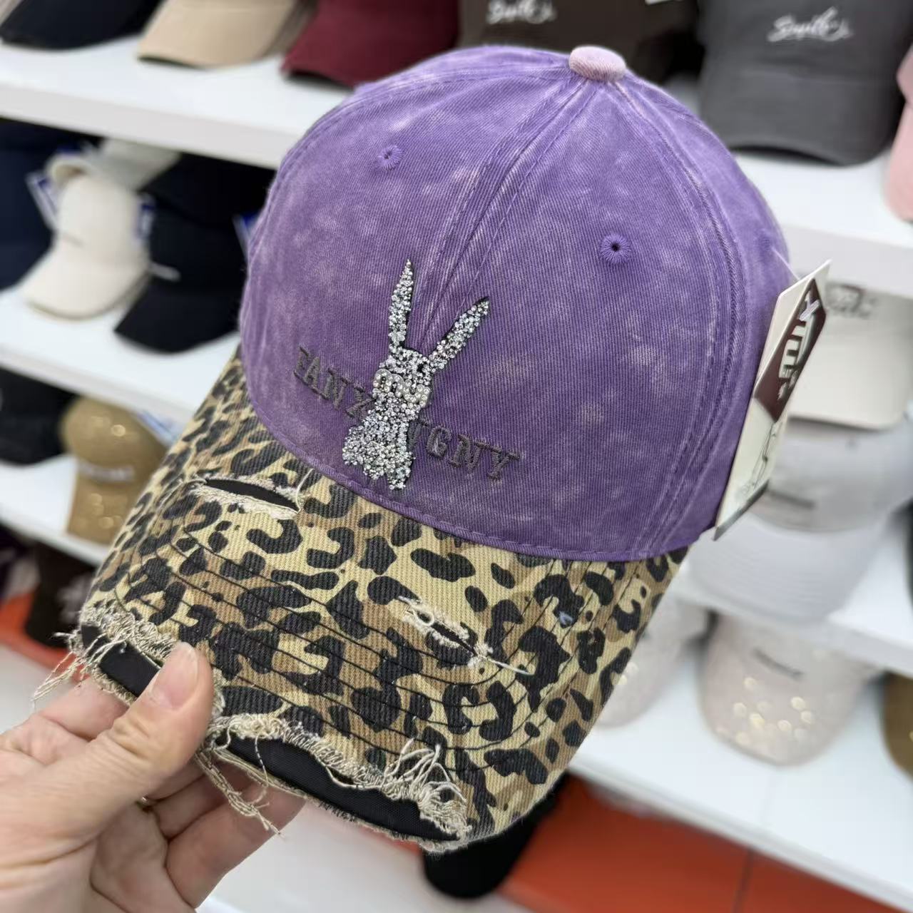 Rhinestone Bunny Washed Baseball Cap – Leopard Brim Distressed Vintage Hat