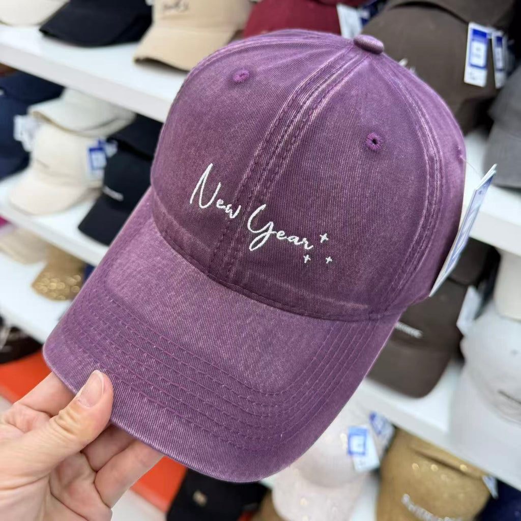 New Year+ Cursive Script Embroidered Washed Cotton Baseball Cap - Wide Brim Soft Top Dad Hat 11 Colors