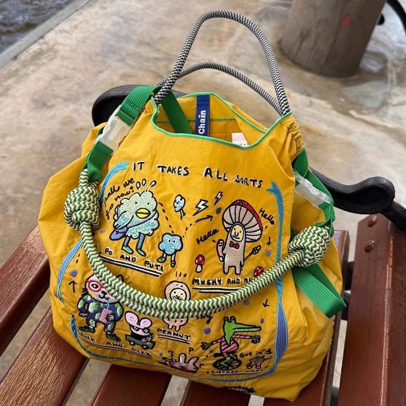 Japanese Style Ball Chain Embroidery Canvas Crossbody Bag – Eco Tote Shoulder Bag