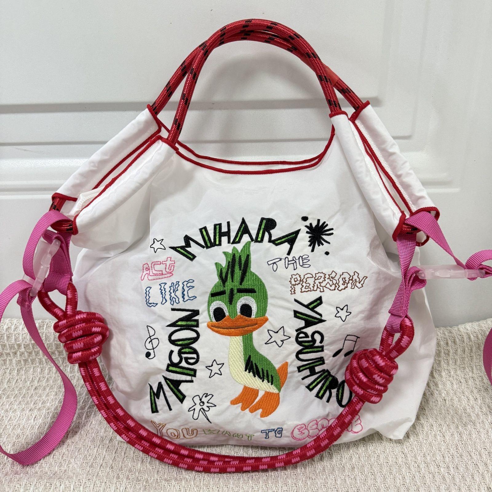 Kawaii Heavy Embroidery Canvas Tote Bag – Streetwear Shoulder Bag with Crossbody Strap