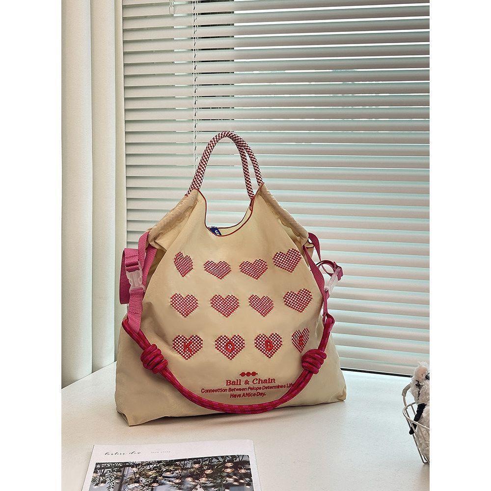 Japanese Ball Chain Heart Embroidery Nylon Tote Bag – Large Capacity Crossbody Shoulder Bag