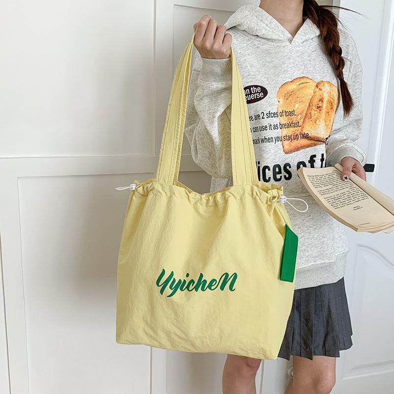 Dopamine Color Drawstring Canvas Shoulder Bag – Korean Lazy Style Large Tote for School & Commute