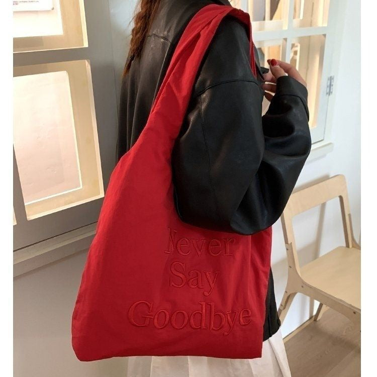 Oversized Letter Embroidery Canvas Tote Bag – Lazy Style Shoulder Bag for Daily Commute