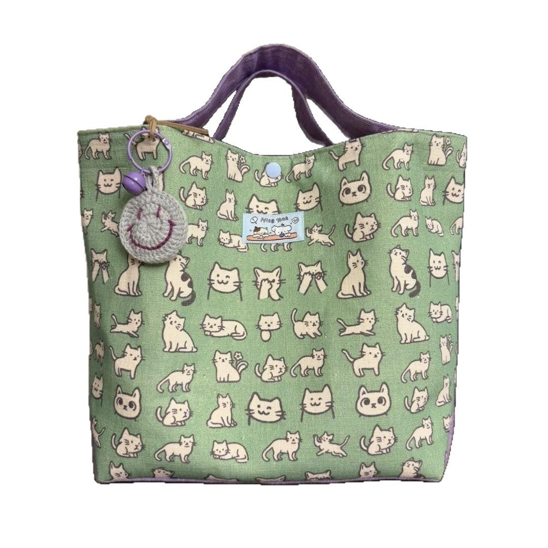 Mint Green All-Over Cat Print Canvas Tote Bag – Cute Smiley Charm Large Shoulder Bag