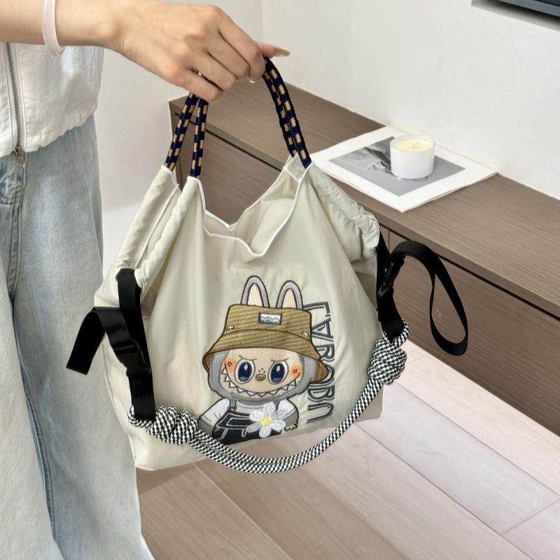 Kawaii Heavy Embroidery Canvas Tote Bag – Streetwear Shoulder Bag with Crossbody Strap