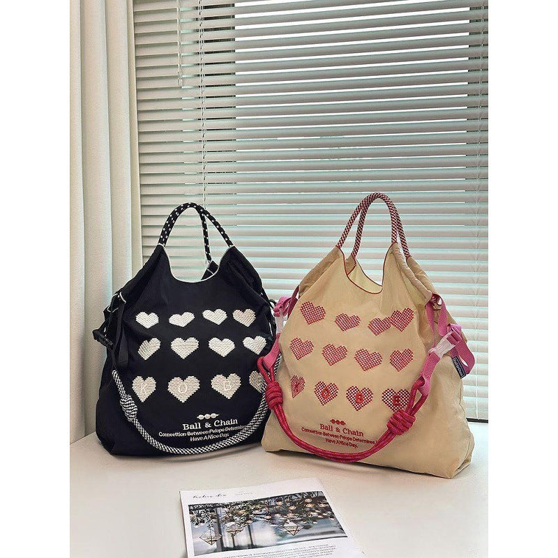 Japanese Ball Chain Heart Embroidery Nylon Tote Bag – Large Capacity Crossbody Shoulder Bag
