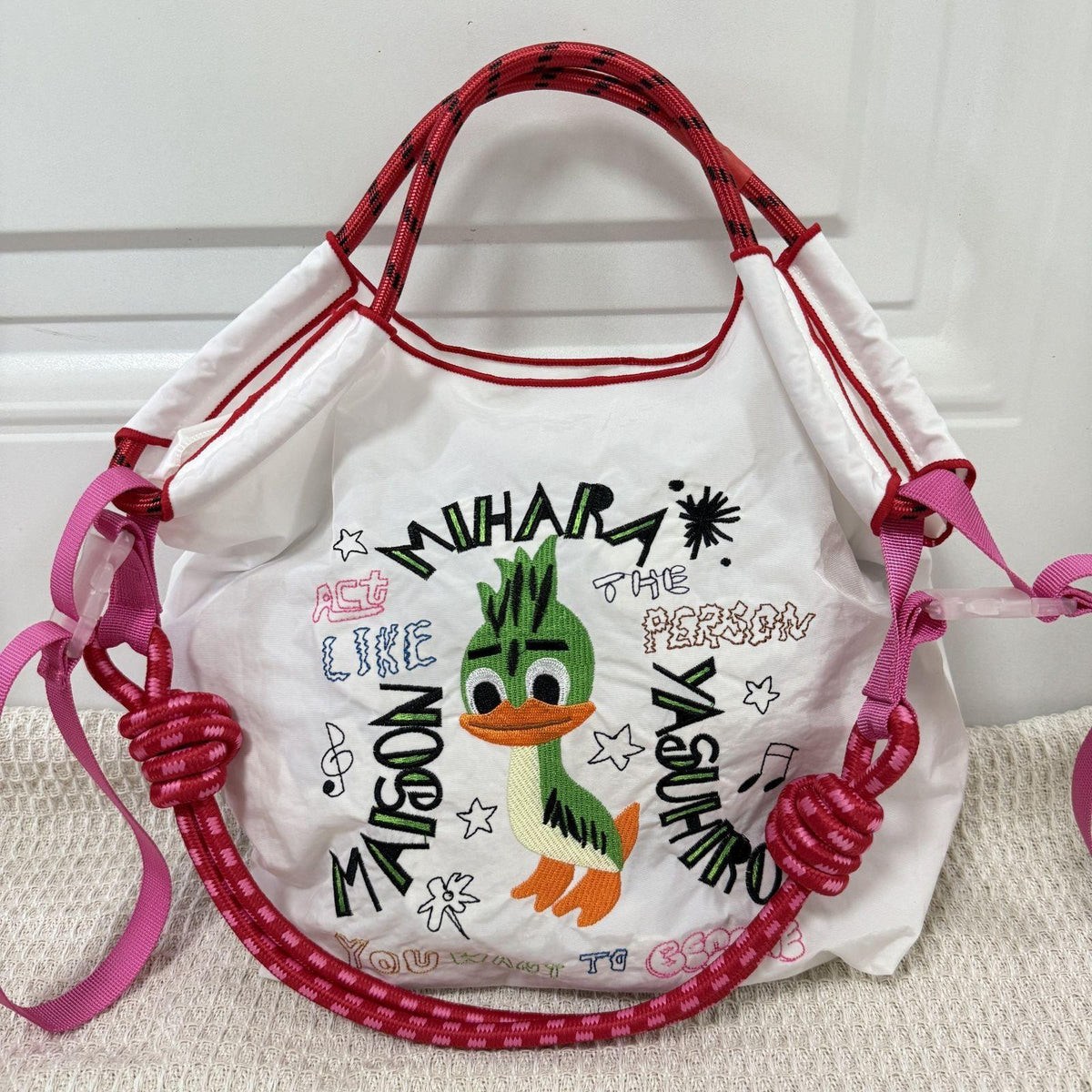 Kawaii Heavy Embroidery Canvas Tote Bag – Streetwear Shoulder Bag with Crossbody Strap