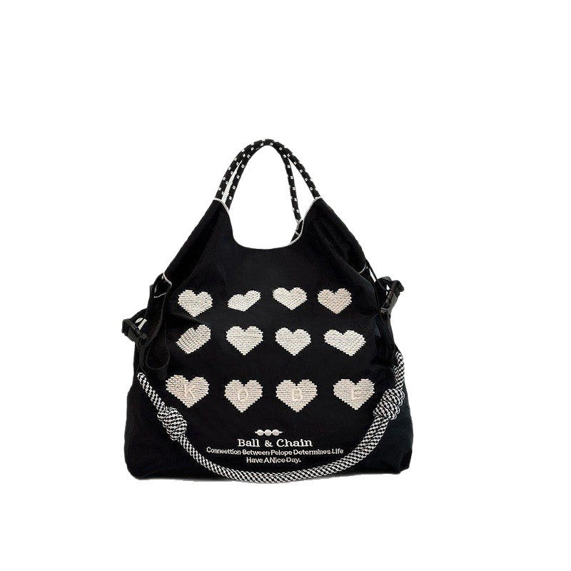 Japanese Ball Chain Heart Embroidery Nylon Tote Bag – Large Capacity Crossbody Shoulder Bag