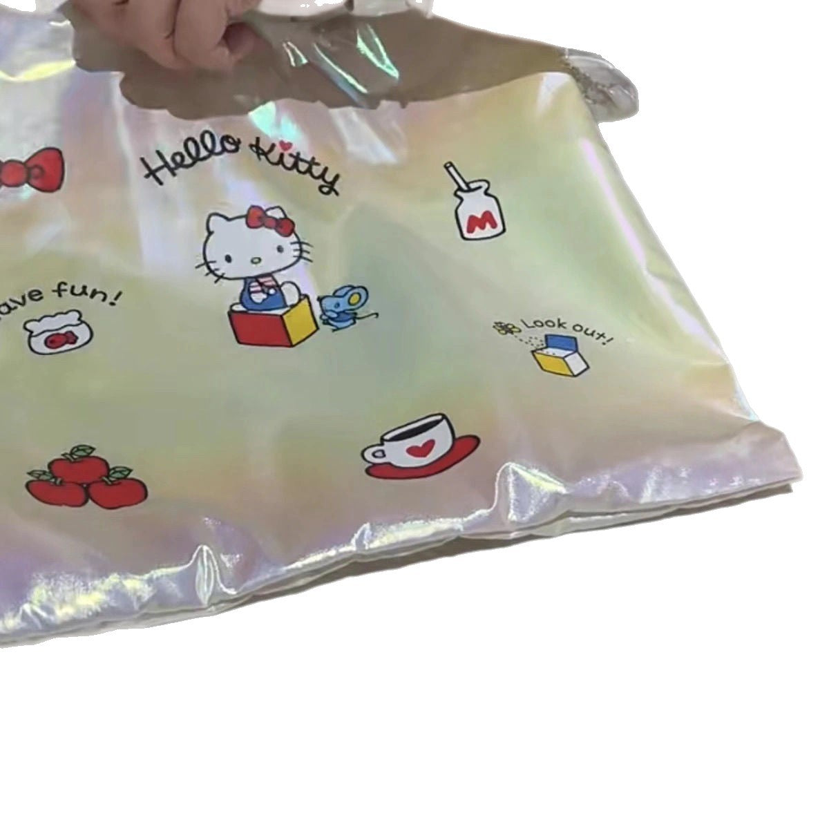Holographic Bow Foldable Shopping Tote Bag – Japanese Kawaii Portable Handbag with Bow Charm