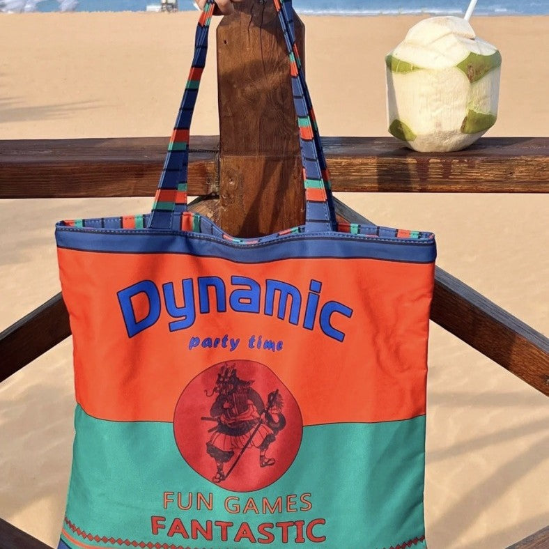 VAUTO Thai Mythology Print Canvas Tote Bag – Colorblock Beach Shoulder Bag