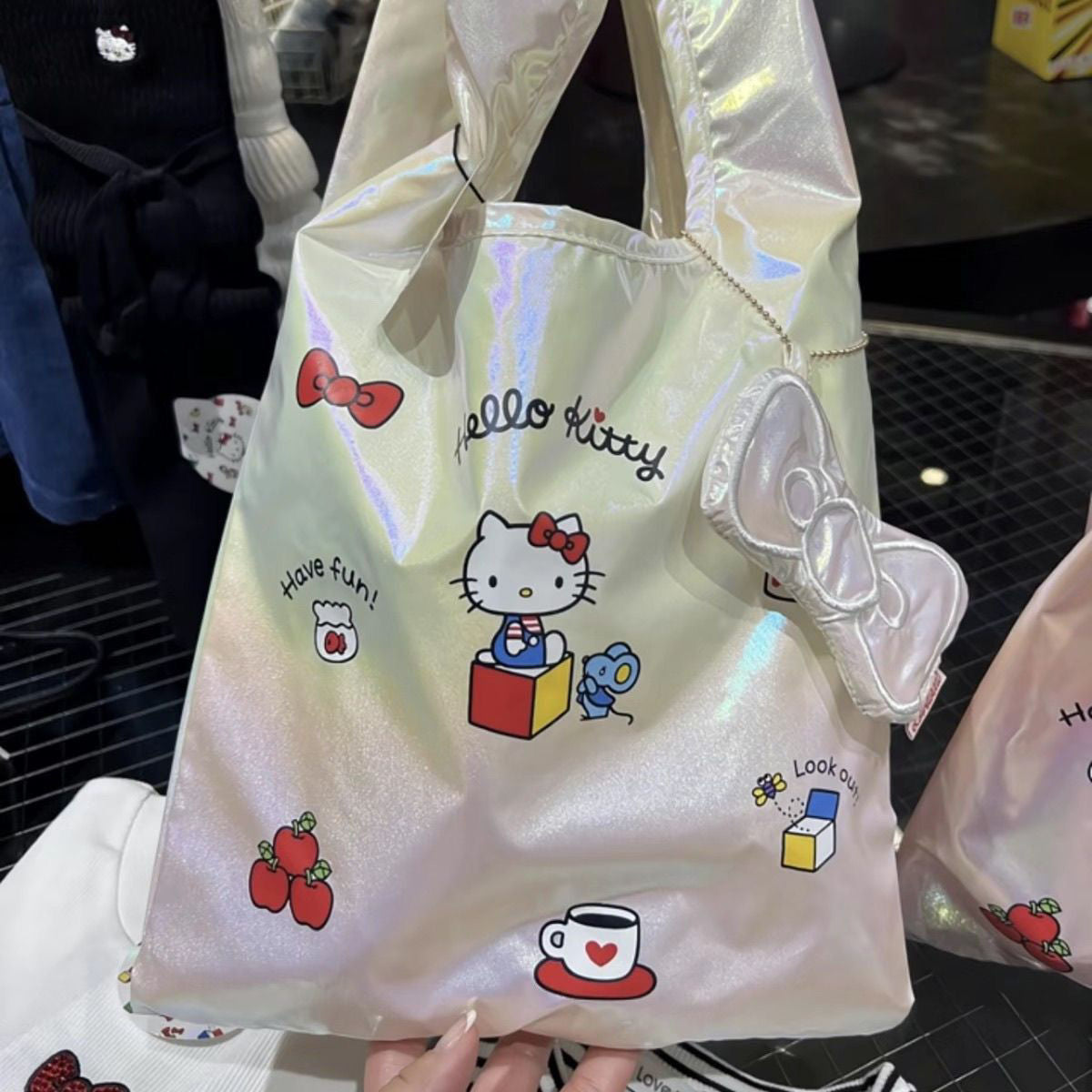 Holographic Bow Foldable Shopping Tote Bag – Japanese Kawaii Portable Handbag with Bow Charm