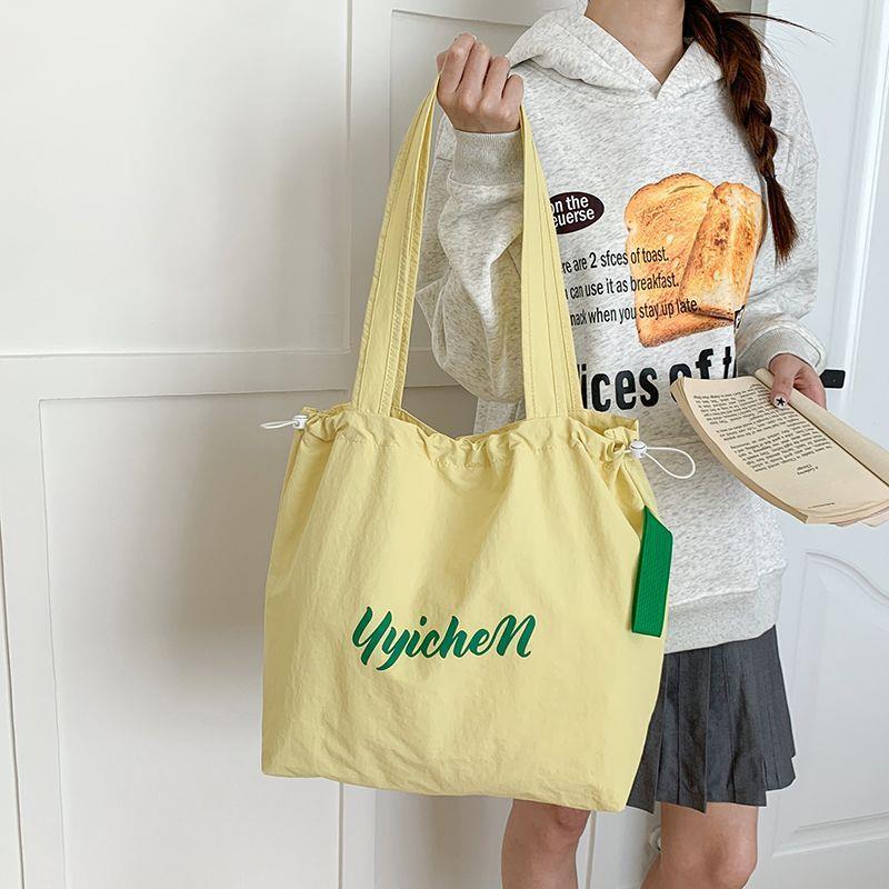 Dopamine Color Drawstring Canvas Shoulder Bag – Korean Lazy Style Large Tote for School & Commute