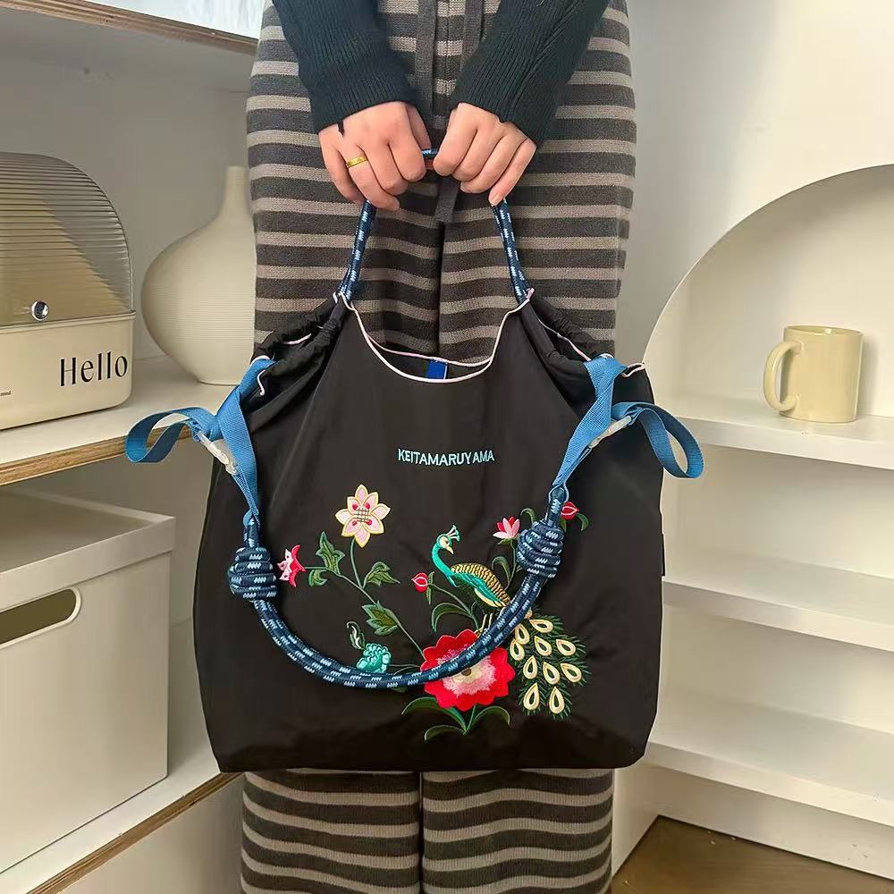 Japanese Style Ball Chain Embroidery Canvas Crossbody Bag – Eco Tote Shoulder Bag