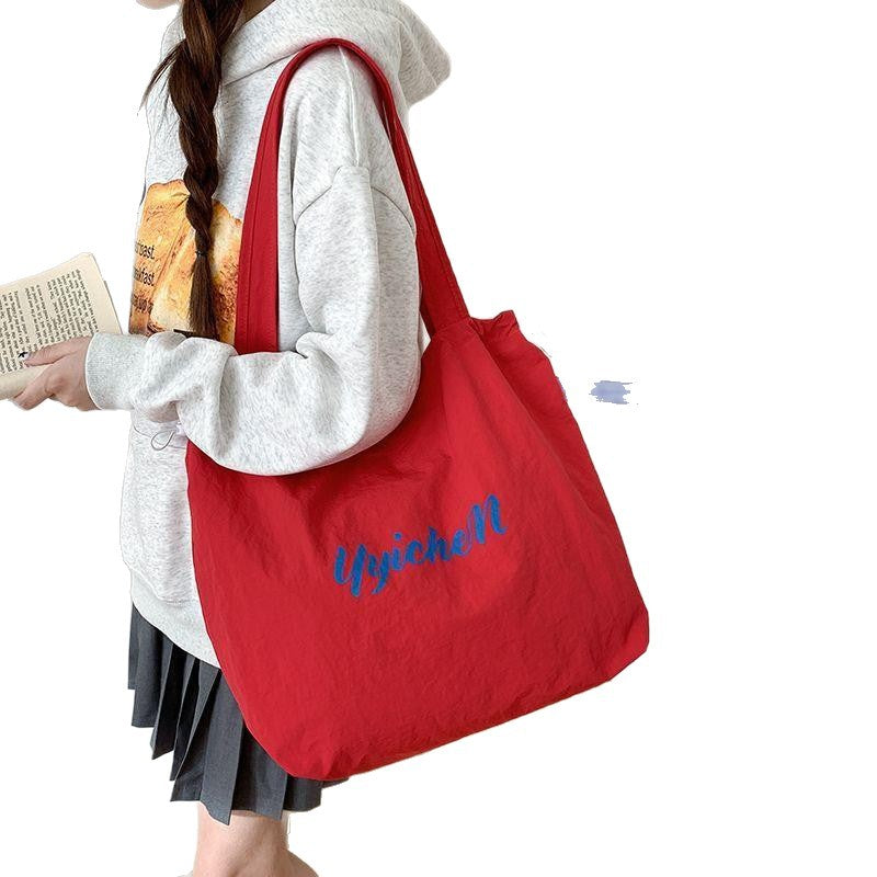 Dopamine Color Drawstring Canvas Shoulder Bag – Korean Lazy Style Large Tote for School & Commute