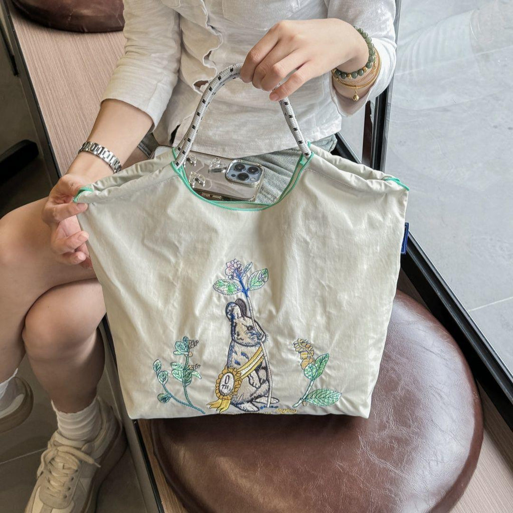 Kawaii Heavy Embroidery Canvas Tote Bag – Streetwear Shoulder Bag with Crossbody Strap
