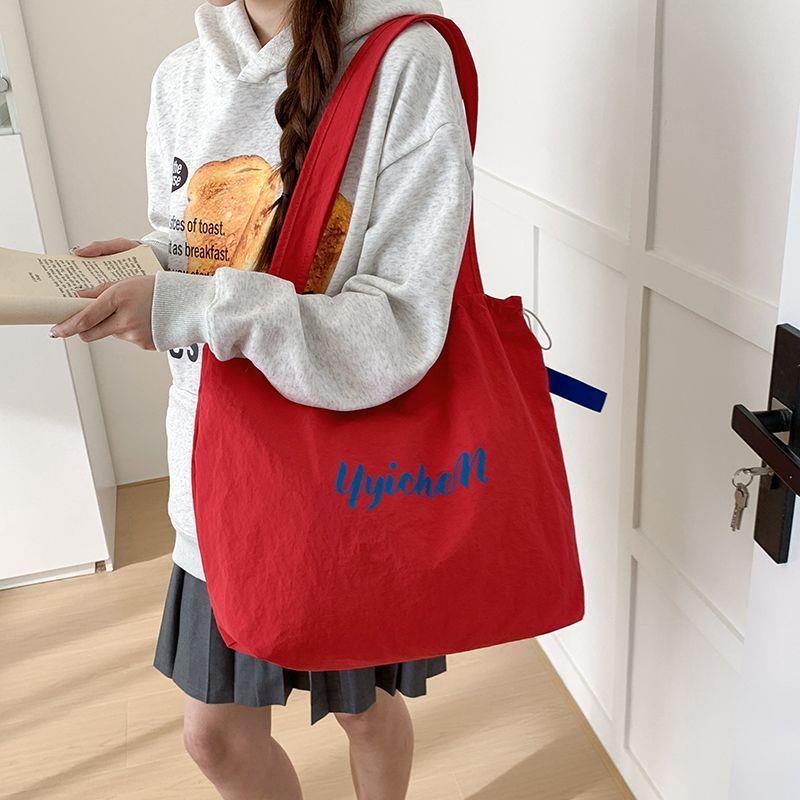 Dopamine Color Drawstring Canvas Shoulder Bag – Korean Lazy Style Large Tote for School & Commute