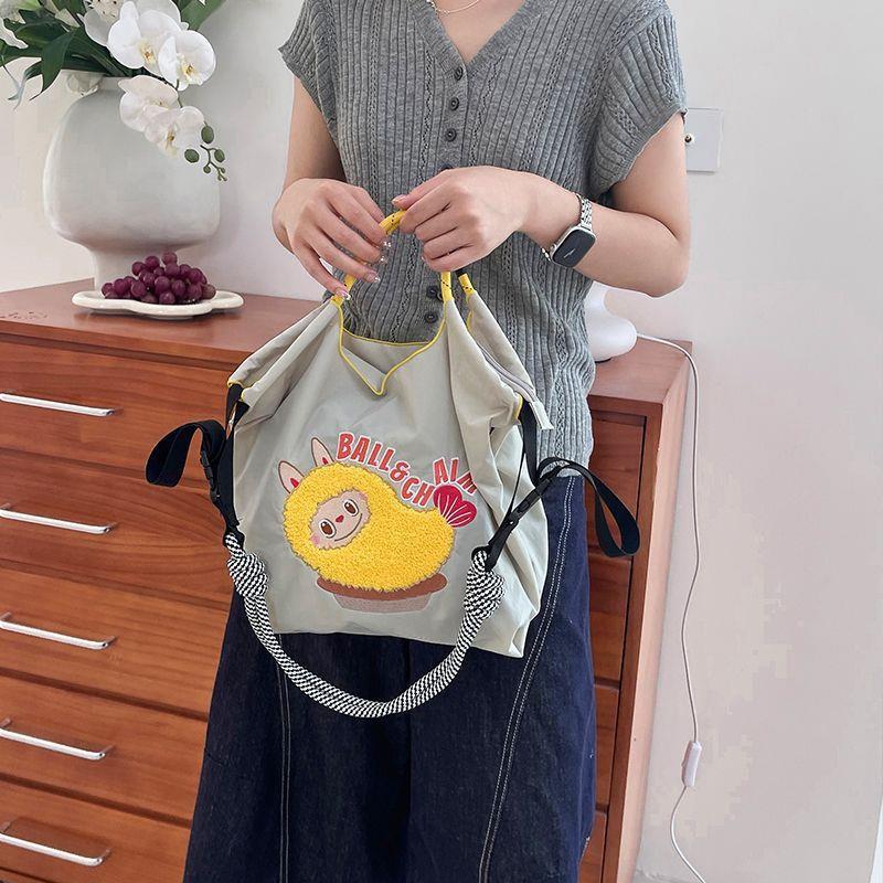 Kawaii Heavy Embroidery Canvas Tote Bag – Streetwear Shoulder Bag with Crossbody Strap
