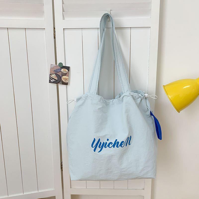 Dopamine Color Drawstring Canvas Shoulder Bag – Korean Lazy Style Large Tote for School & Commute