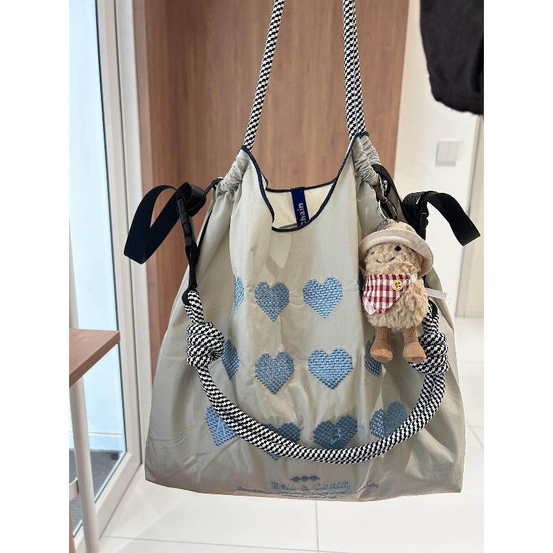 Japanese Ball Chain Heart Embroidery Nylon Tote Bag – Large Capacity Crossbody Shoulder Bag