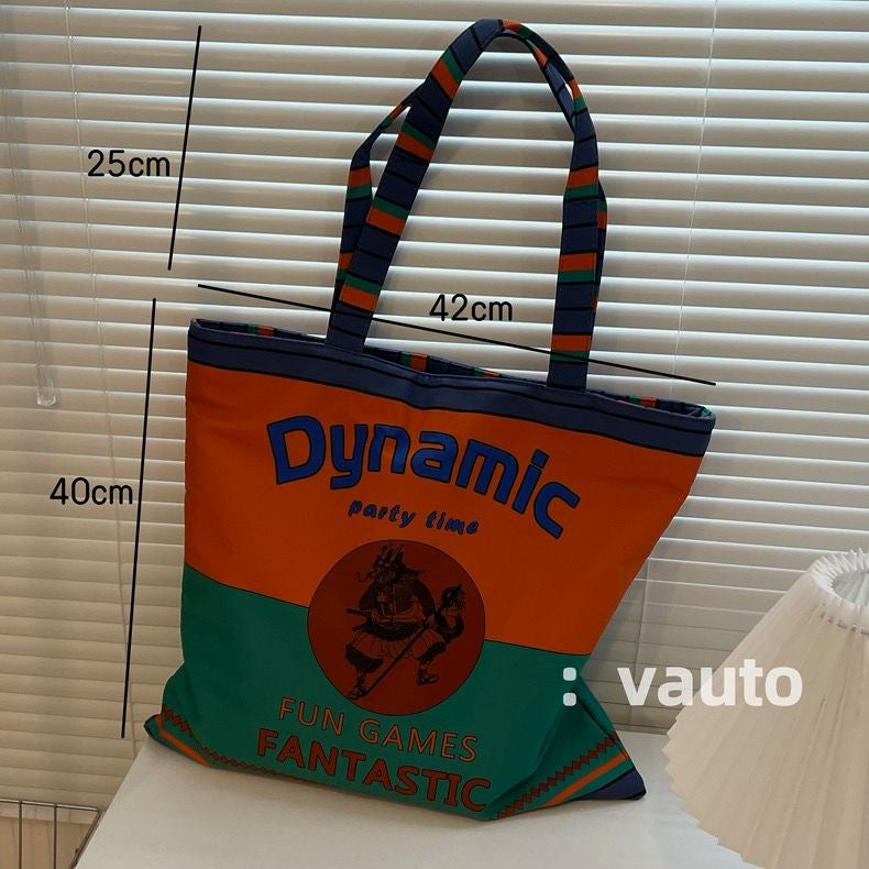 VAUTO Thai Mythology Print Canvas Tote Bag – Colorblock Beach Shoulder Bag