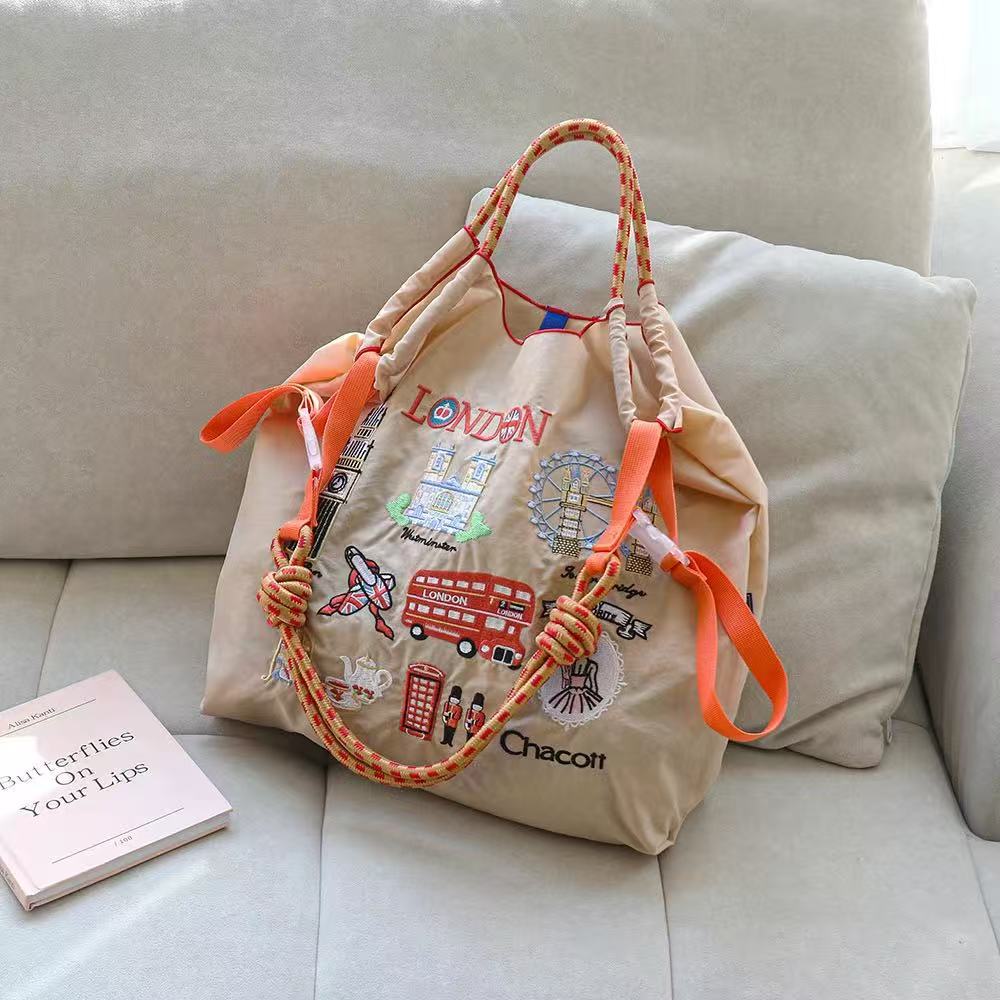 Japanese Style Ball Chain Embroidery Canvas Crossbody Bag – Eco Tote Shoulder Bag